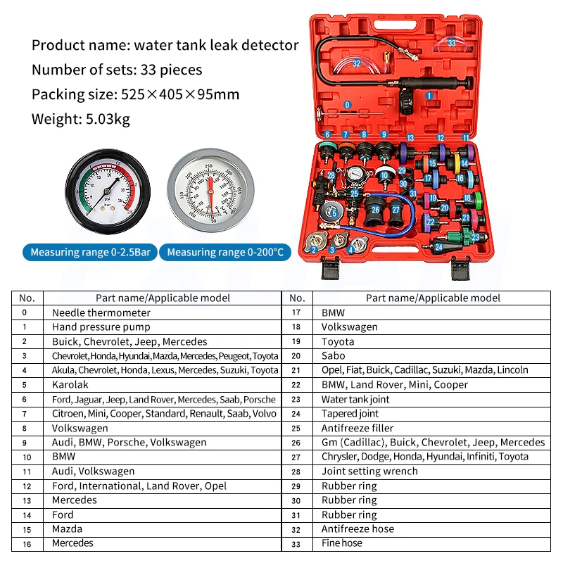 33-częściowy samochodowy tester wycieku zbiornika wody Manometr Układ chłodzenia Narzędzie ciśnieniowe Antifreeze Ręczna wymiana wypełniacza
