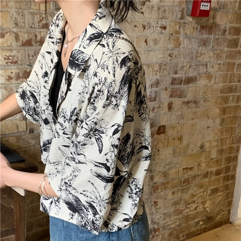 Floral Shirts Women Summer Cool Girls Holiday Thin Short Sleeve Printed Cropped Streetwear Korean Style Leisure All-match Cozy