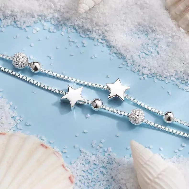 Scrubbed beads double star silver-plated bracelet female students simple ins niche design fashion Joker bracelet.