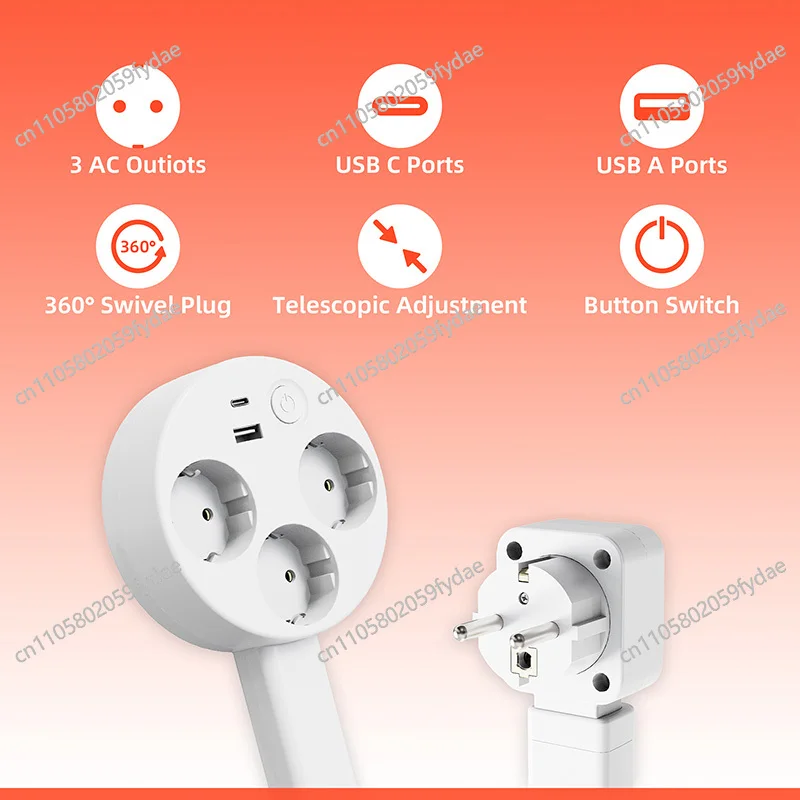 EU Plug Home Scalable/Rotating Power Strip White Electrical Adjustable Length Charging Extension Circular Socket Extension Cable