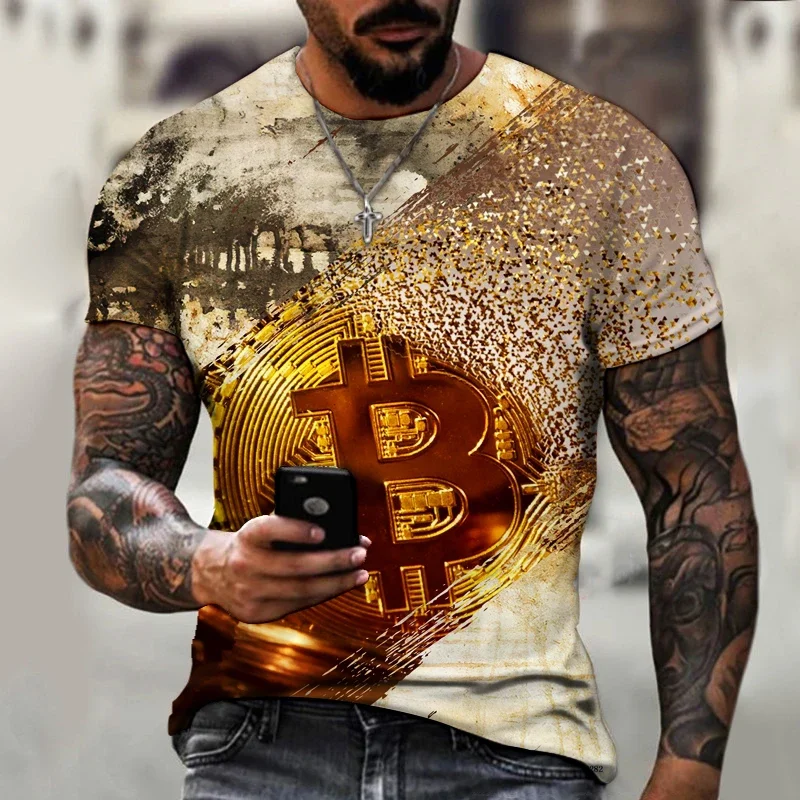 Explosion 2024 Summer New Short Sleeved Bitcoin 3D Printed T-shirt Street Trend Plus Lycra Polyester Top