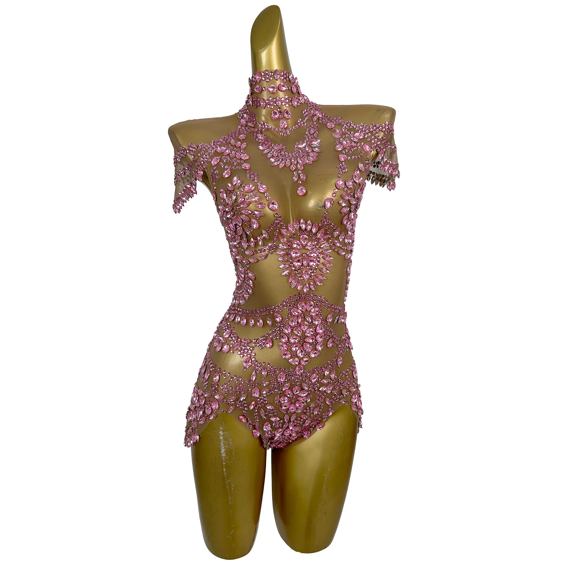 Wuniang Pink Rhinestone Sheer Mesh High Neck Bodysuit Off Shoulder Bodycon Outfit for Stage Performance Evening Party Prom Event