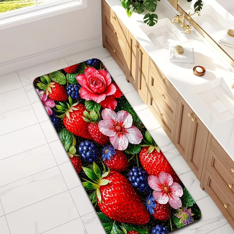 Vibrant Citrus Fruit Long Runner Mat  Realistic Lemon Orange Lime Green Leaves Print Kitchen Laundry Decor Rug
