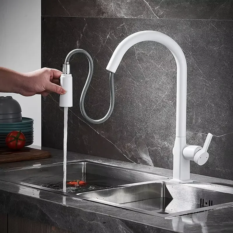 Kitchen Full Brass Pull Out Faucet 3 Mode Sprayer Rotating Sink Hot Cold Water Mixer Tap Bronze Gray