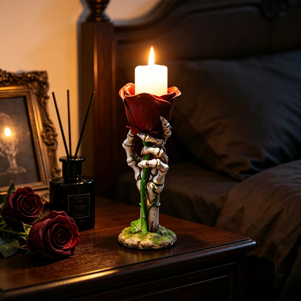 Resin Skeleton Hand Rose Candle Holder Gothic Decorative Candlestick for Halloween Party Tabletop Home Ornament