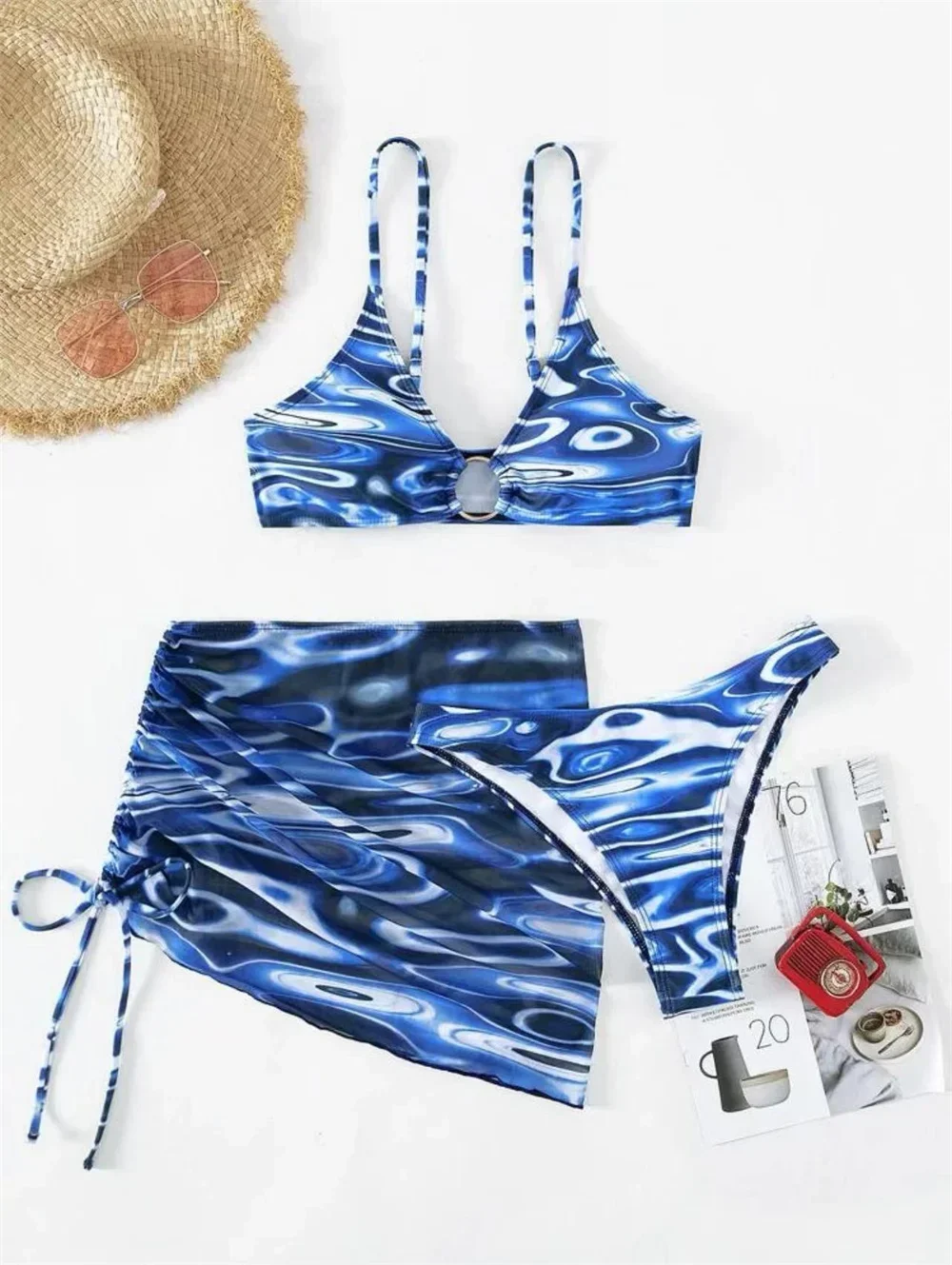 Sexy Print Bikini Thong Ring Swimsuit Skirt Y2K Trend 2025 Vacation Swimwears Women 3-Piece Push Up Beachwear Bathing Suit Mujer