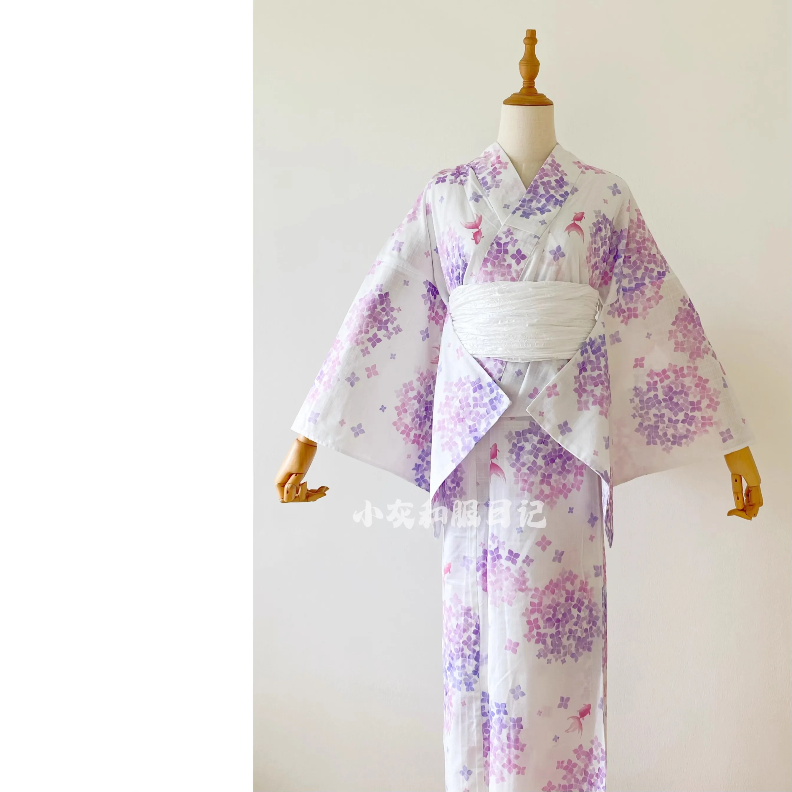 Japanese Cotton Yukata with Hydrangea Print - Traditional Ajisai Pattern Kimono, Full Length 163cm