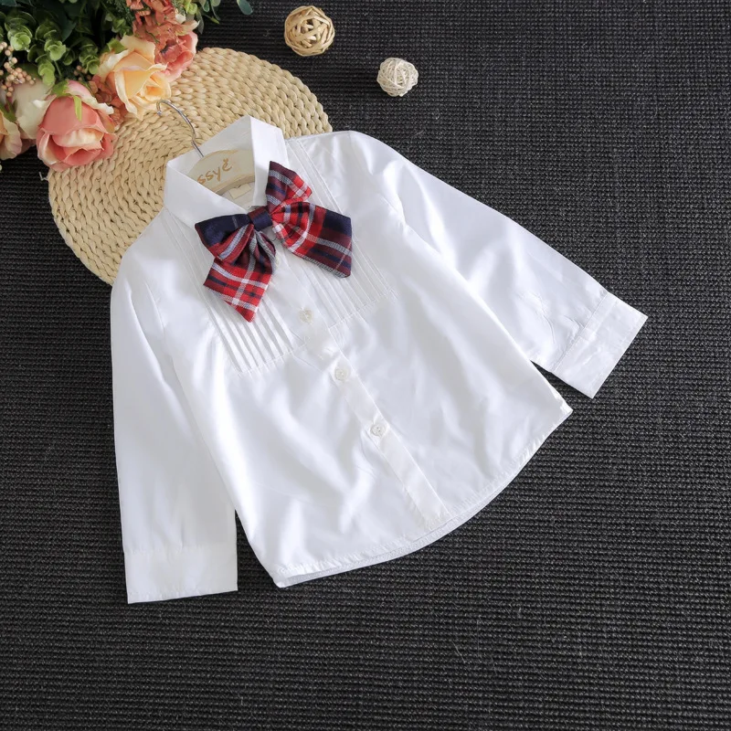 Summer Outfit Baby Girl Clothes Korean Cute Bow White Long Sleeve Tops+Plaid Skirt Children\'s Sets Boutique Kid Clothing BC112