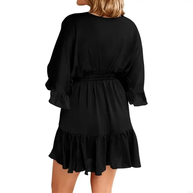 l38e-womens-v-neck-casual-dresses-loose-high-waist-ruffle-pleated-mini-short-dress