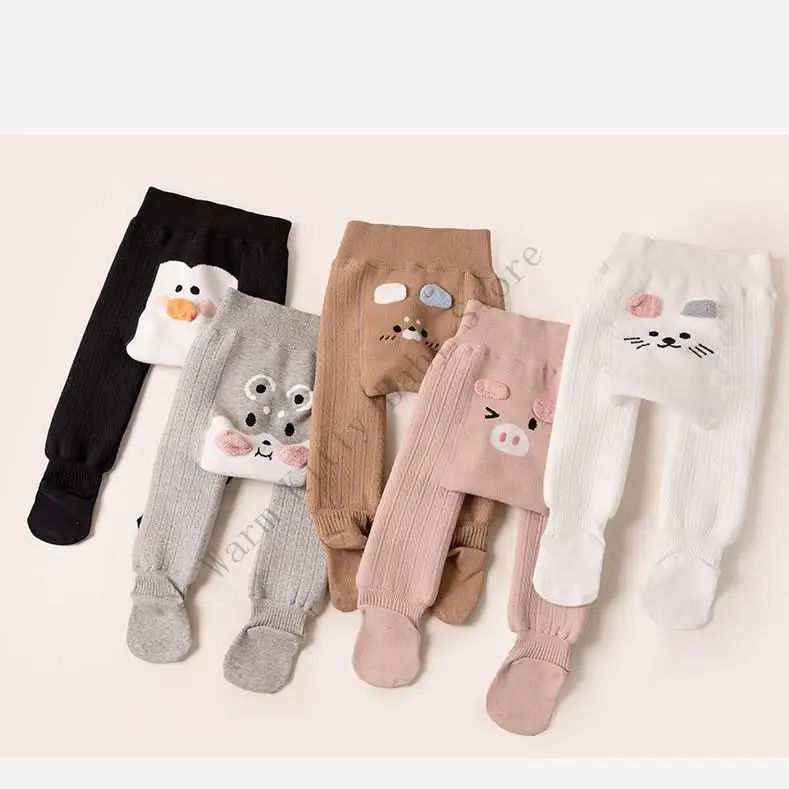 Autumn Winter Fleece Lined Thermal Baby Pantyhose Kitted Fleece Elastic Unisex Children Warm Leggings Cartoon Butt Design Tights