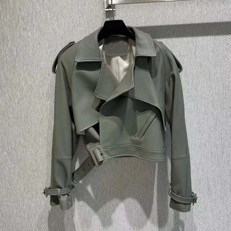 Chaqueta de cuero genuino de lujo para mujer, abrigo de longitud corta con cuello vuelto, ropa con cinturón, primavera y otoño, 2023