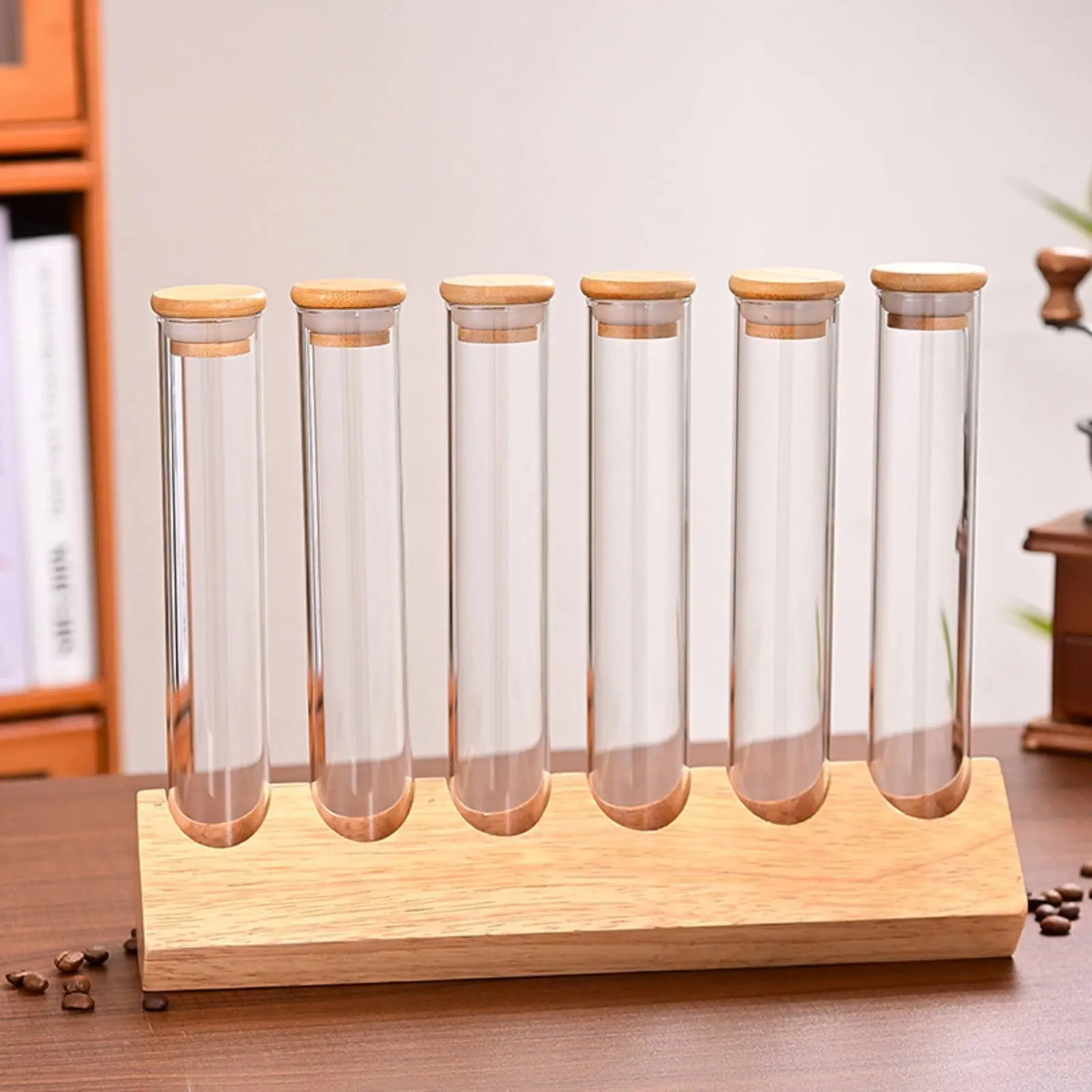 Glass Tube Container Set with Wooden Stand Space-Saving Glass Tube Wooden Rack Set Coffee Bean Display Stand Sealed Freshness view 4