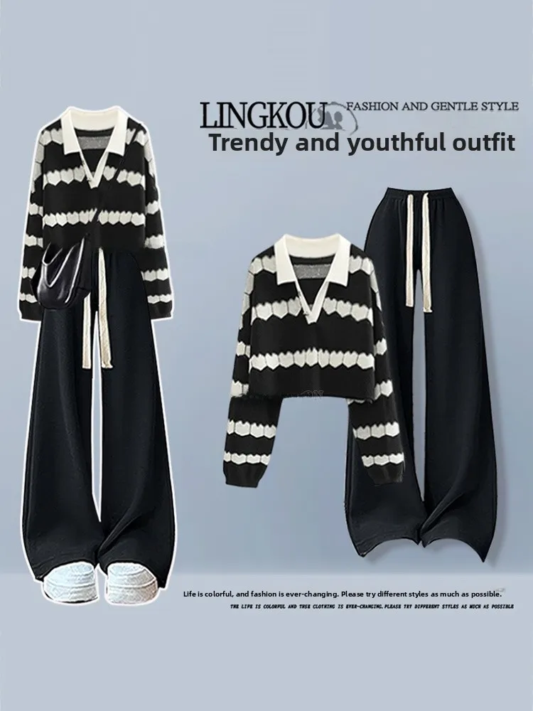 

Casual Stripe Neck Sweater And High Waist Wide Leg Pants Two Piece Set for Women Autumn Fashion Ensemble Korean Style