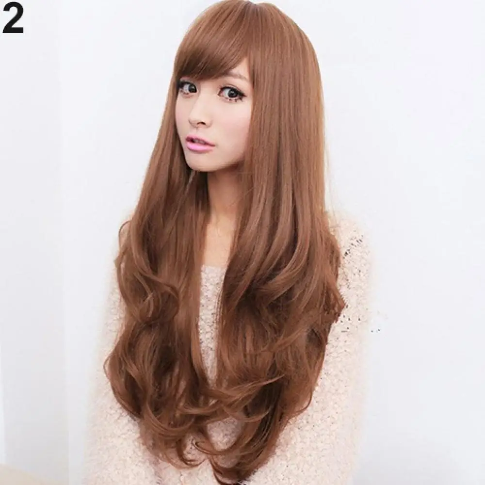 Brown Black Synthetic Wigs With Bangs Long Natural Wavy Hair Wig Daily Cosplay Wigs Heat Resistant Ong Wavy Synthetic Hair Wigs