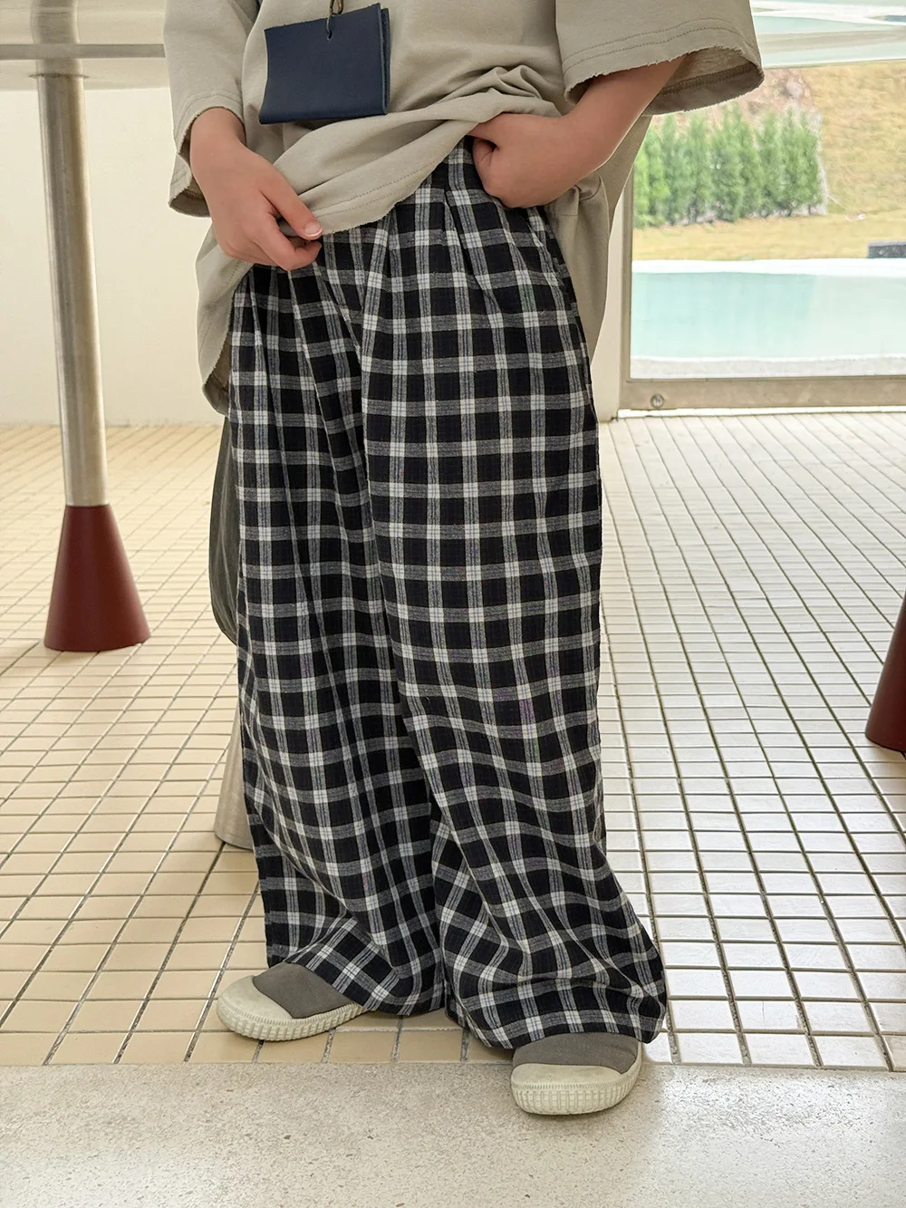 2026 Summer Korean Children's Clothing Black And White Checkered Loose Water Washed Cotton And Hemp Mosquito Resistant Pants