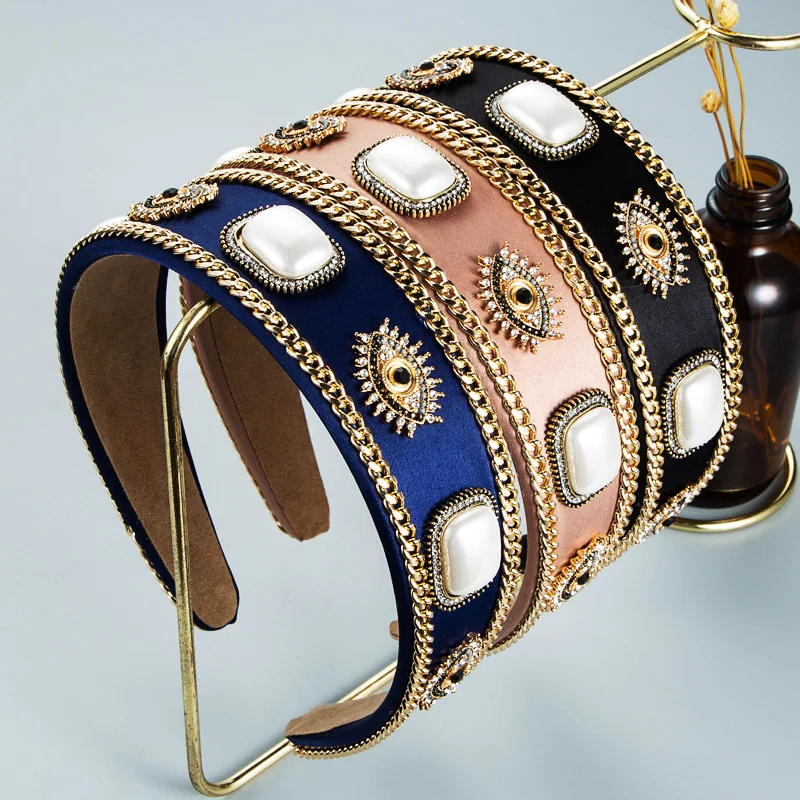 

Heming headband personality exaggerated devil's eyes rhinestone pearl headband fashion trend street shot headgear women