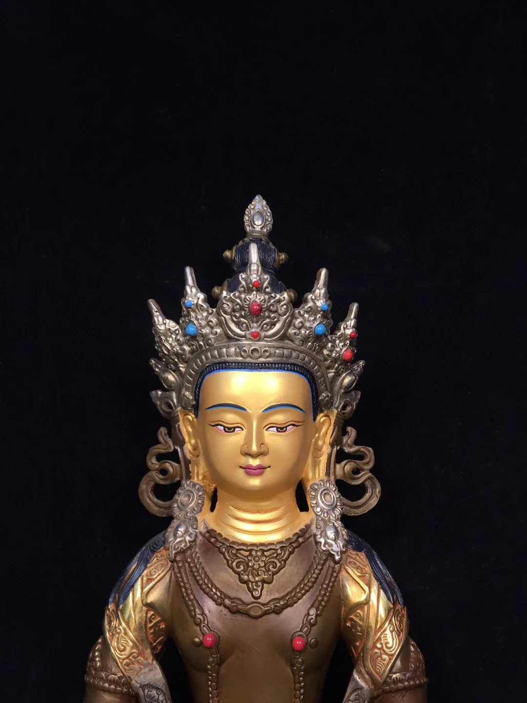 Pure copper painted inlaid with precious stones Tibetan gilt silver longevity Buddha Tara Guanyin statue home Buddhist hall orna