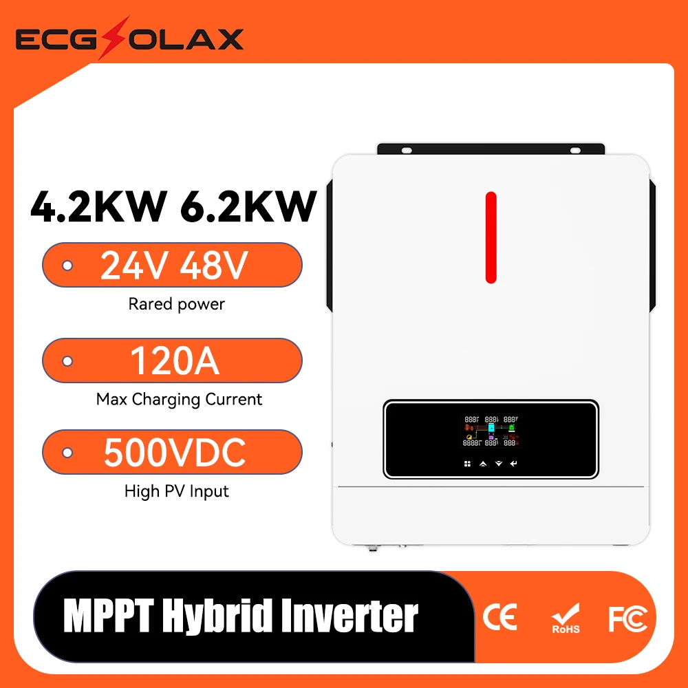 

ECGSOLAX 4.2KW 6.2KW Hybrid Solar Inverter 120A Built-in MPPT Solar Controller 24VDC Off-Grid Inverter Charger Pure Sine Wave
