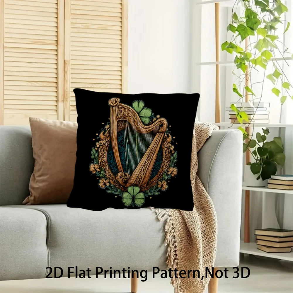 Double Sided Majestic Celtic Harp and Shamrock Decorative Throw Pillow Case Irish Culture Art Cushion Cover for Sofa Home
