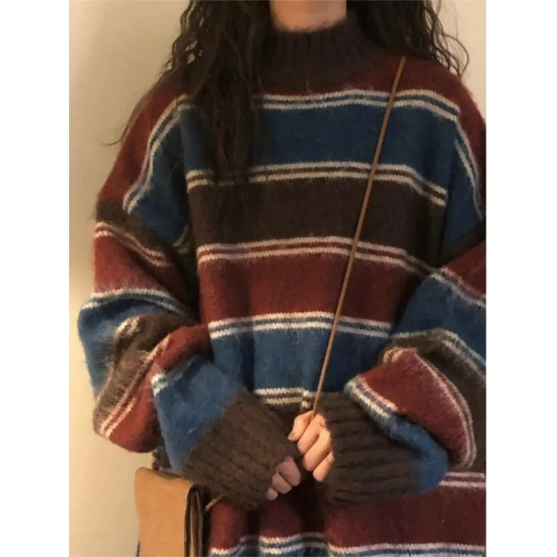 MEXZT Harajuku Knit Sweaters Women Vintage Oversized Striped Jumpers Streetwear Patchwork Knitwear Preppy Korean Pullovers New