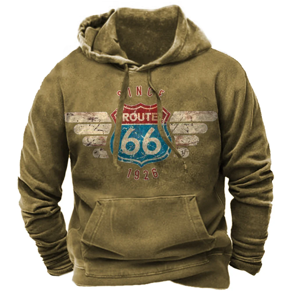 Vintage 66 Route Pullovers For Men Printed Biker Motor Sweatshirt Man Clothes Oversized Long Sleeve Top Tee Shirt Men\'s Hoodies