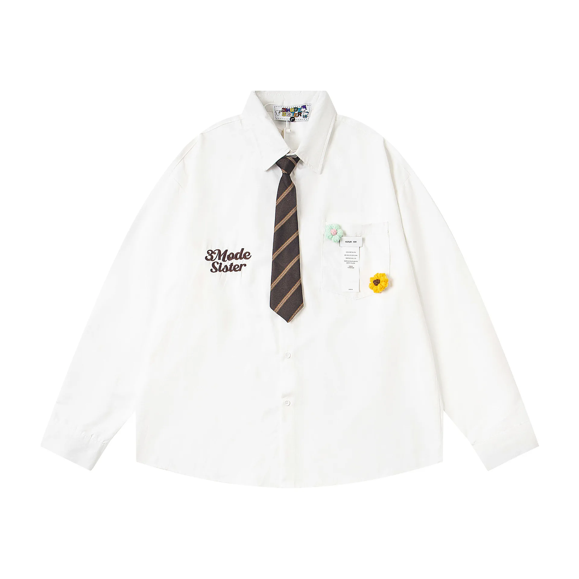 Korean Style Uniform Shirt Women Detachable Tie Floral Badge Embroidery Long Sleeve Blouse Preppy Streetwear Casual Loose Tops
