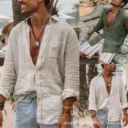 New Summer shirt Autumn New Men's Solid Cotton Linen Loose Relaxed Polo Collar Long Sleeve Cardigan Beach Shirt Men's Top