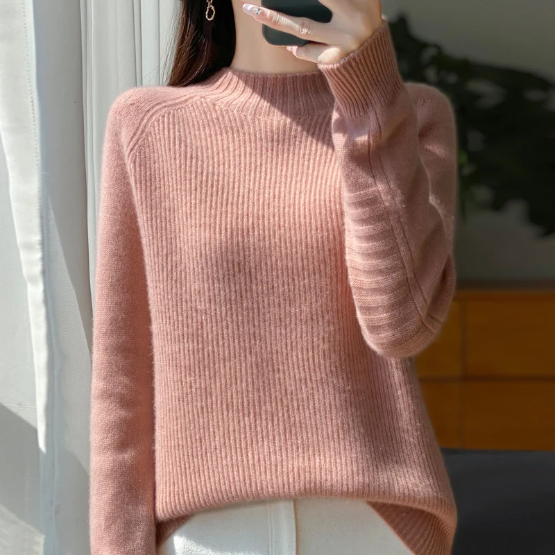 

2025 autumn and winter new women's 100% pure wool pullover sweater high-end casual loose soft semi-turtleneck knitted cashmere s