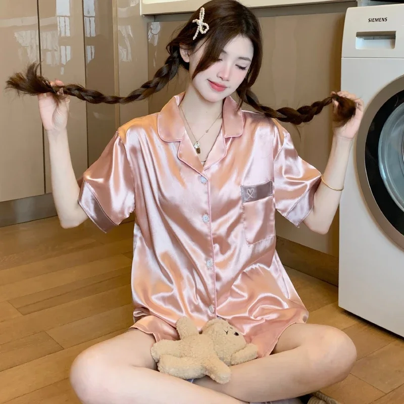 Ins Simple Y2k Pink Heart Embroidery Women Pajamas Korean Harajuku Solid Home Nightgow 2024 New Summer Sweet 2pc Lady Sleepwear