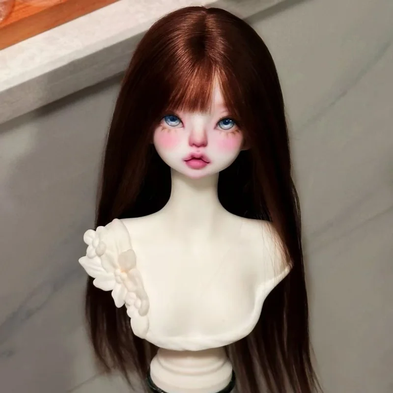 bjd Doll wig fits on 1/3 1/4 1/6 size dark brown high temperature silky fringe long straight hair wig hair set Doll accessories