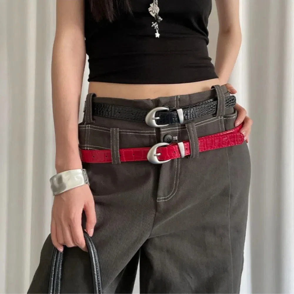 Ins Style Crocodile Pattern Women's Belt PU Leather Korean Thin Waist Belt Niche Black Red Dress Jeans Belt For Girls