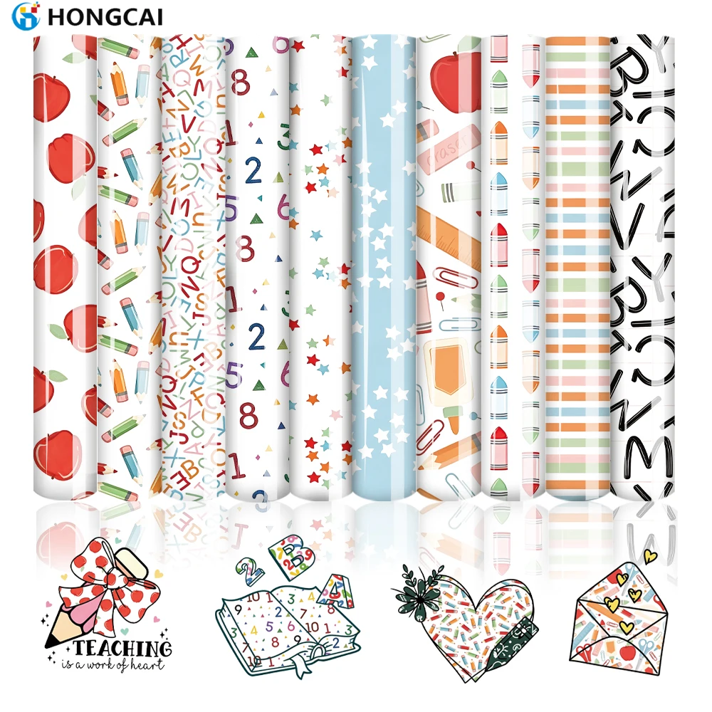 10 piezas de vinilo HTV texturizado con estampados de letras coloridas. Diseño elegante para bolsas de lona DIY y accesorios para profesores.