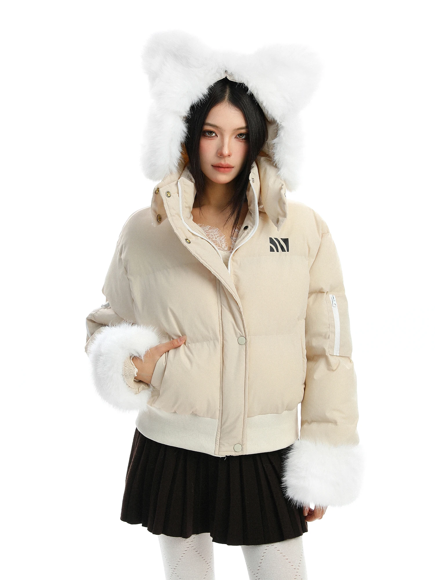 

Очаровательная женская зимняя куртка с капюшоном и съемным меховым воротником в виде медвежьих ушей, утепленная, из хлопка, в корейском стиле, свободного кроя