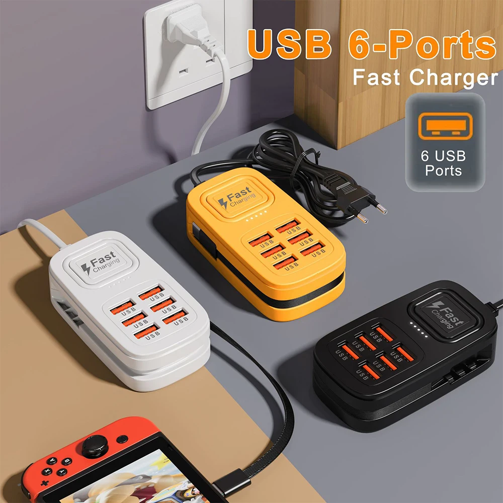 6-Port Charger With Cables Power Strip Desktop Charging Station Fast Charging EU/UK/US Plug 6USB/3USB+3TypeC HUB Adapter Socket