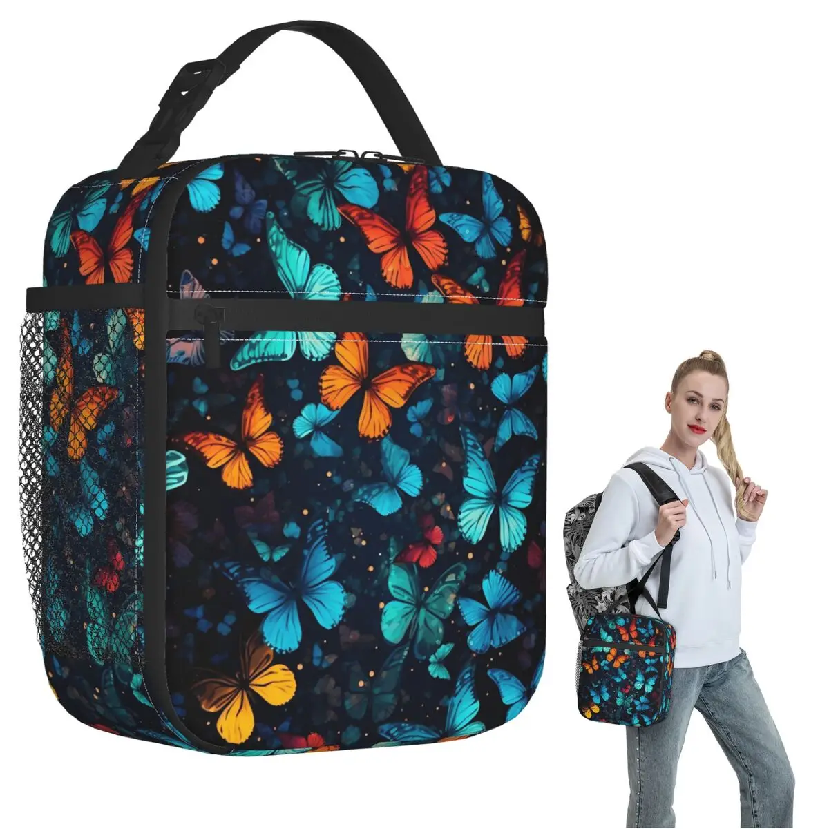 

Изолированная сумка для обеда с синим узором в виде бабочек для женщин и детей, герметичные контейнеры для еды, термосумка для обеда
