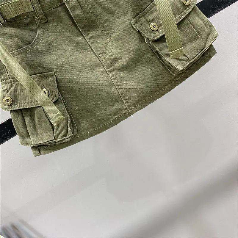 Women Vintage Casual Vintage Skirt Sexy Women's Denim Skirts Three Dimensional Strap Pocket Wash High Tooling A-line Jean Skirt