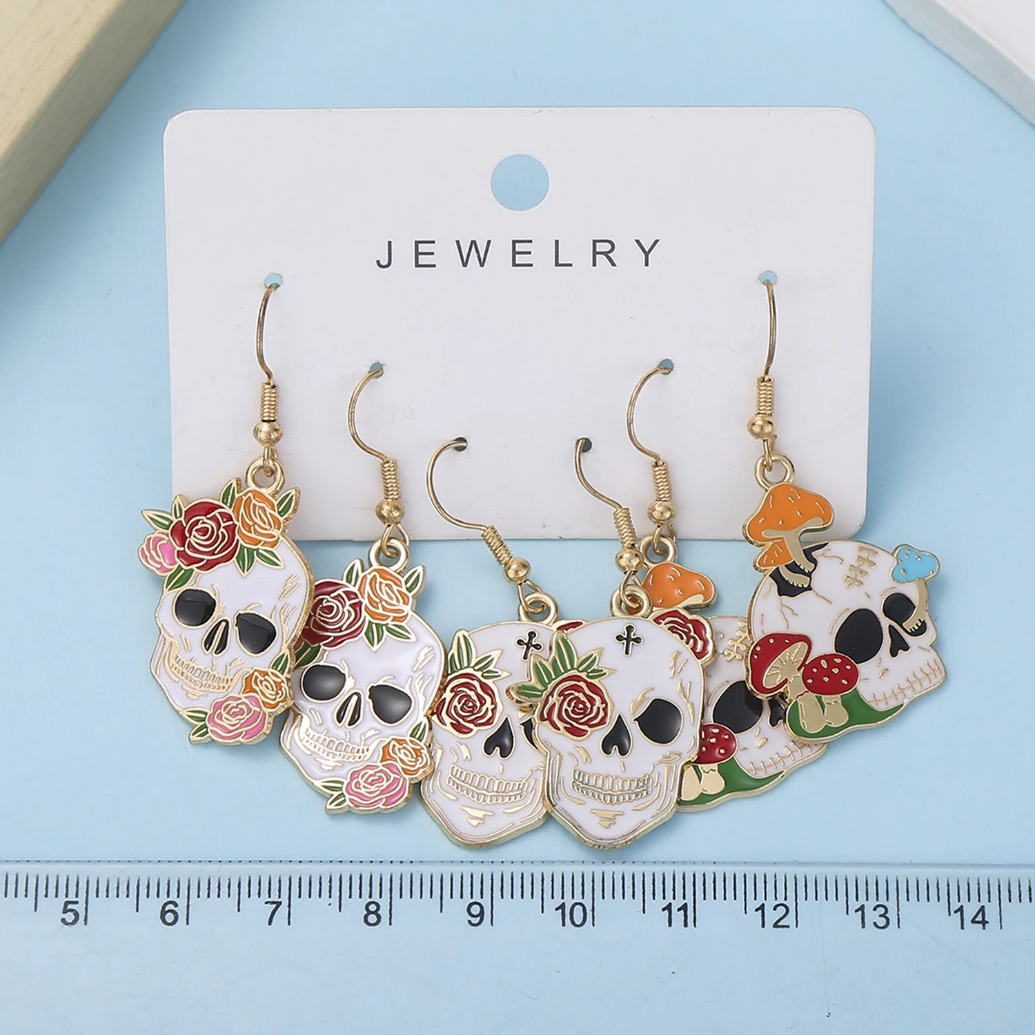 3 Pairs of Alloy Enamel Colored Halloween Flower Skull Dangle Earrings Set Charms And Interesting Jewelry Girl Gift