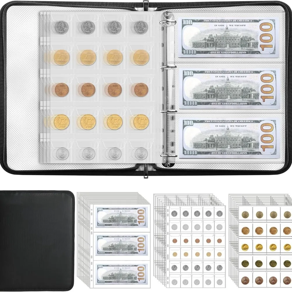 Portable Coin Collection Set Fire Resistant ProtectionTransparent Loose-leaf Philatelic Book Album with Zipper Protection Fire