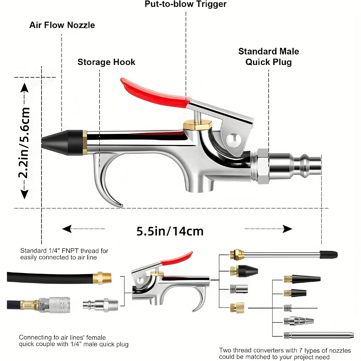 13pcs 2-Way Connection Air Nozzle Blow Gun Set, Air Nozzle Kit with 1/4in Standard Quick Fitting and 8 Air Nozzles