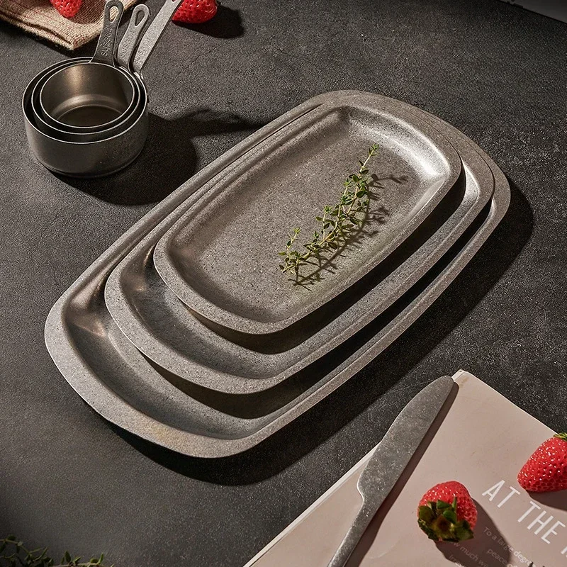 

Vintage Stainless Steel Rectangular Flat Plate Steak Snack Plate Commercial Barbecue Tray N1C5E3