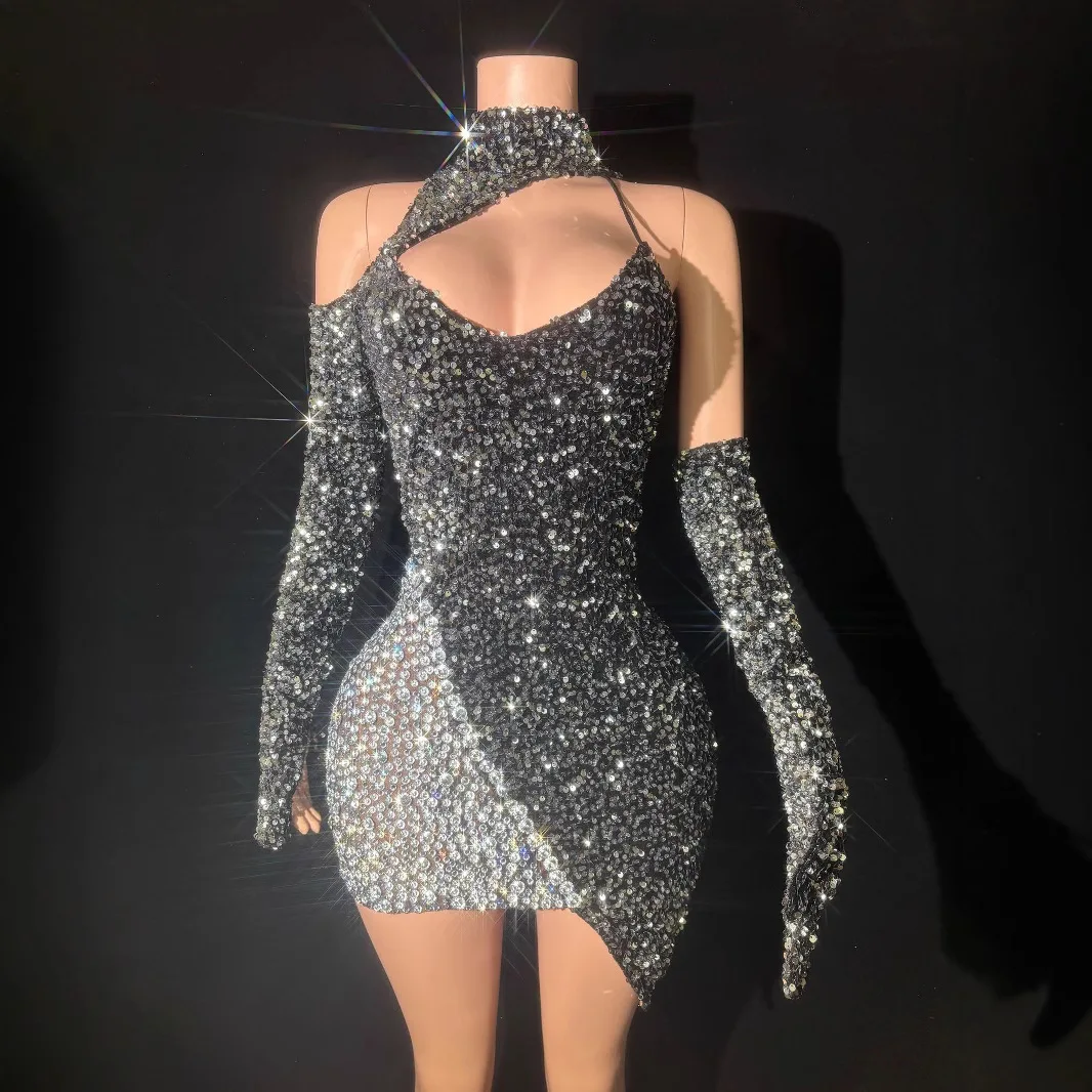 Glamorous Diamond Neck Birthday Party Stage Dress Women's Hollow Celebrity High-End Hip Skirt Evening Gown Chic Sequined Gowns