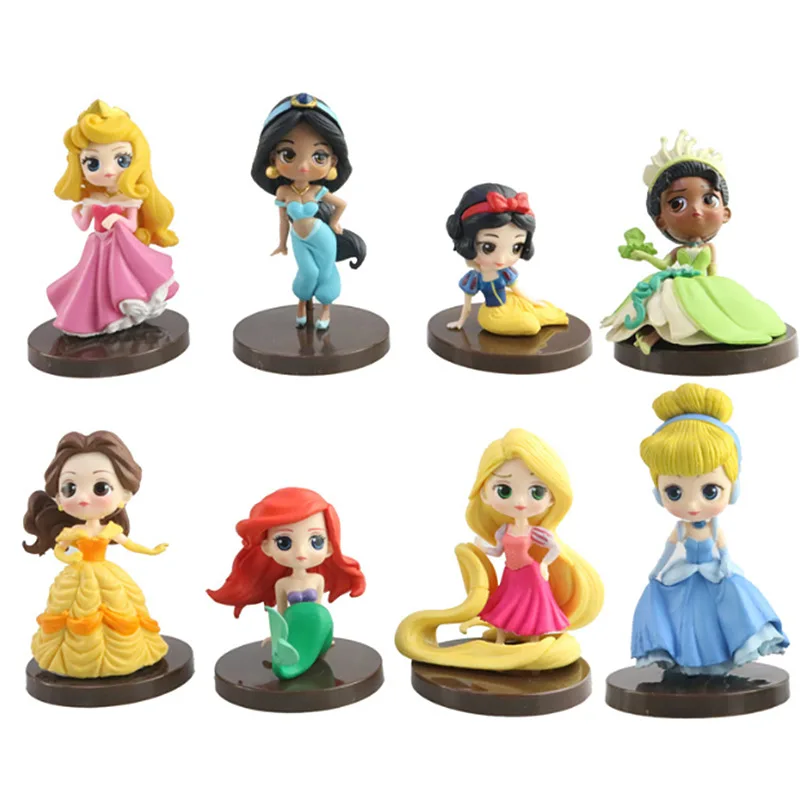 8pcs/set Disney Q Version Princess Cartoon Figures Doll Toys Snow White Rapunzel Ariel Cinderella Belle Mermaid Model Decoration