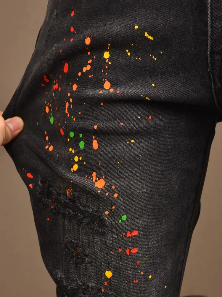 Black Ripped Jeans Men's Paint Design Stretch Slim Fit Skinny High Street Ruan Shuai Splash Paint Patch Motorcycle Trousers