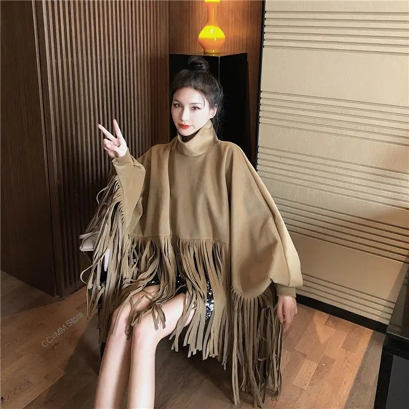 

2022 Autumn Women Overcoat New Fashion Streetwear Batwing Sleeve Faux Mink Cashmere Tassel Cloak Coat Poncho 16N-a21-0