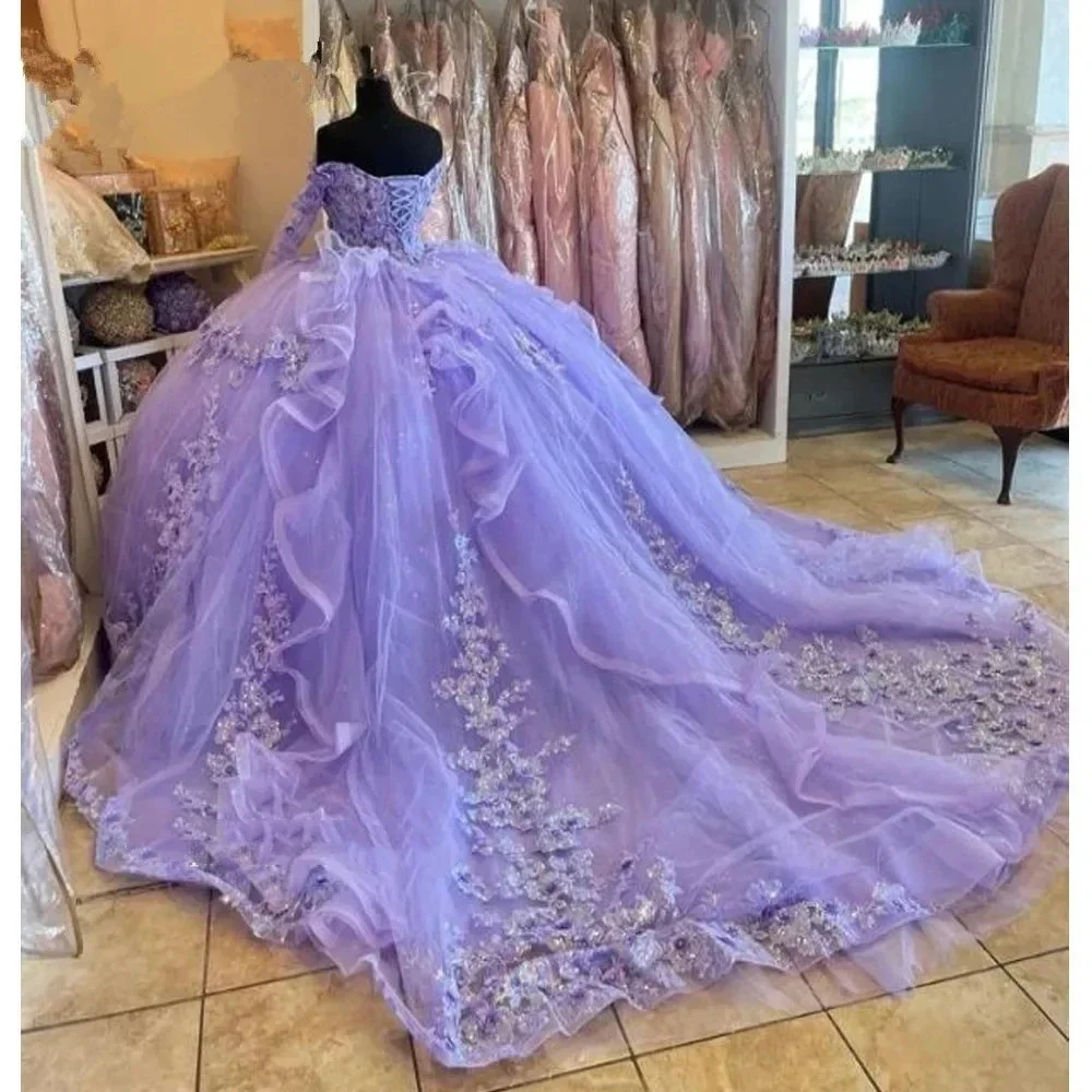 Luxury Glittering Lavender Quinceanera Dresses Birthday Party Prom Princess Ball Gown Vestidos De 15 Anos Corset Lace Appliques