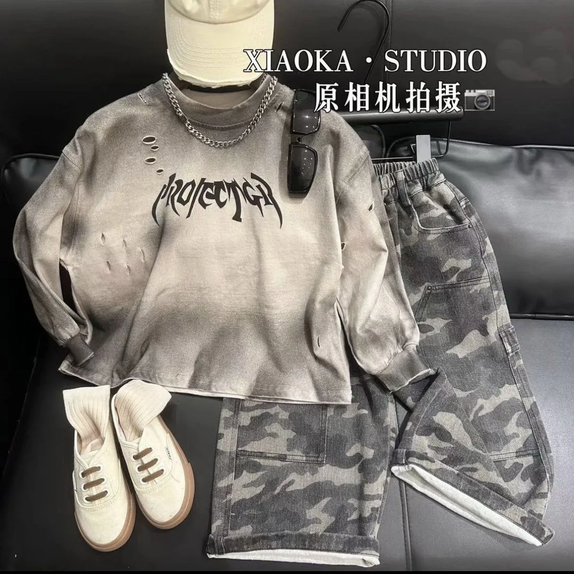 Spring Autumn Outfit Fashion handsome Boy Suit Children's American Retro Inkjet Printing Sweatshirt+Camouflage Pants 2pcs Sets