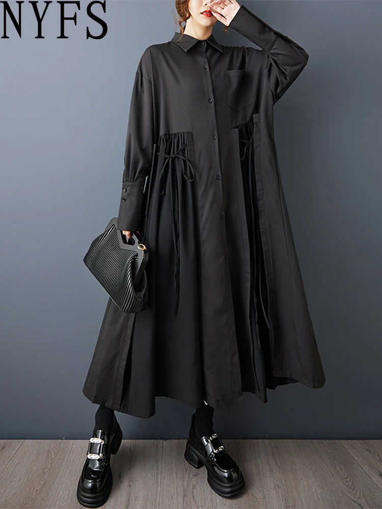 NYFS losse plus size vintage onregelmatige overhemdjurk herfst 2025, damesgewaad met enkele rij knopen en lange mouwen