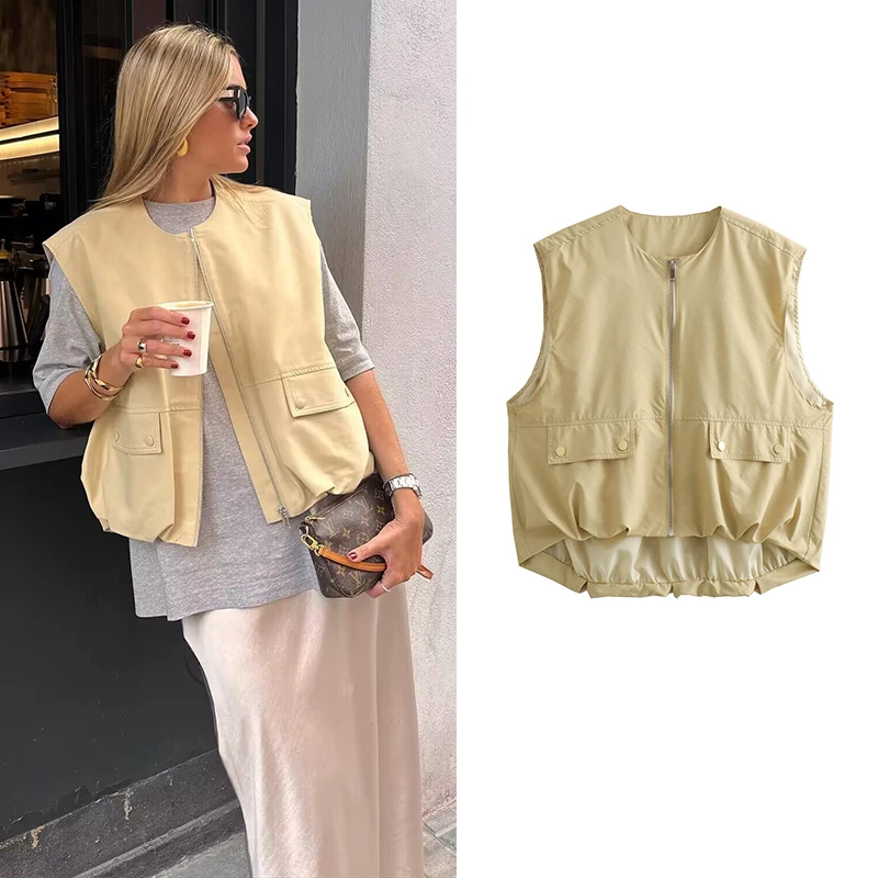 

Autumn New Women Cropped Waistcoat Fashion O Neck Zipper Vest Sleeveless Loose Vests Coats Female Chic Tops