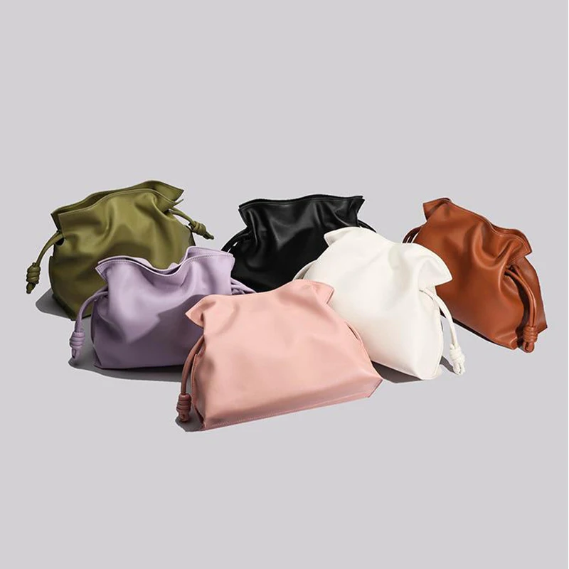 Spanish Elegant Luxury Cowhide Crossbody Shoulder Bag,Drawstring Pleated Lucky Bag,Designer Solid Color Women's Bucket Handbag