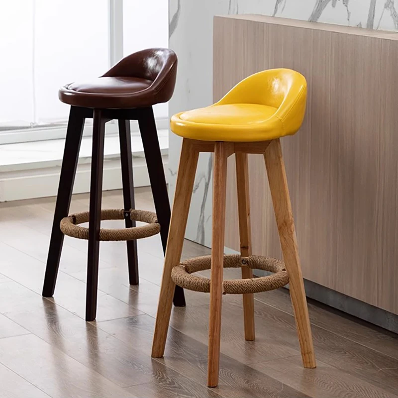 

Nordic High Swivel Bar Stool Wood Counter Leisure Vintage Chair Soft Cushion Backrest Simplicity Taburete Alto Luxury Furniture